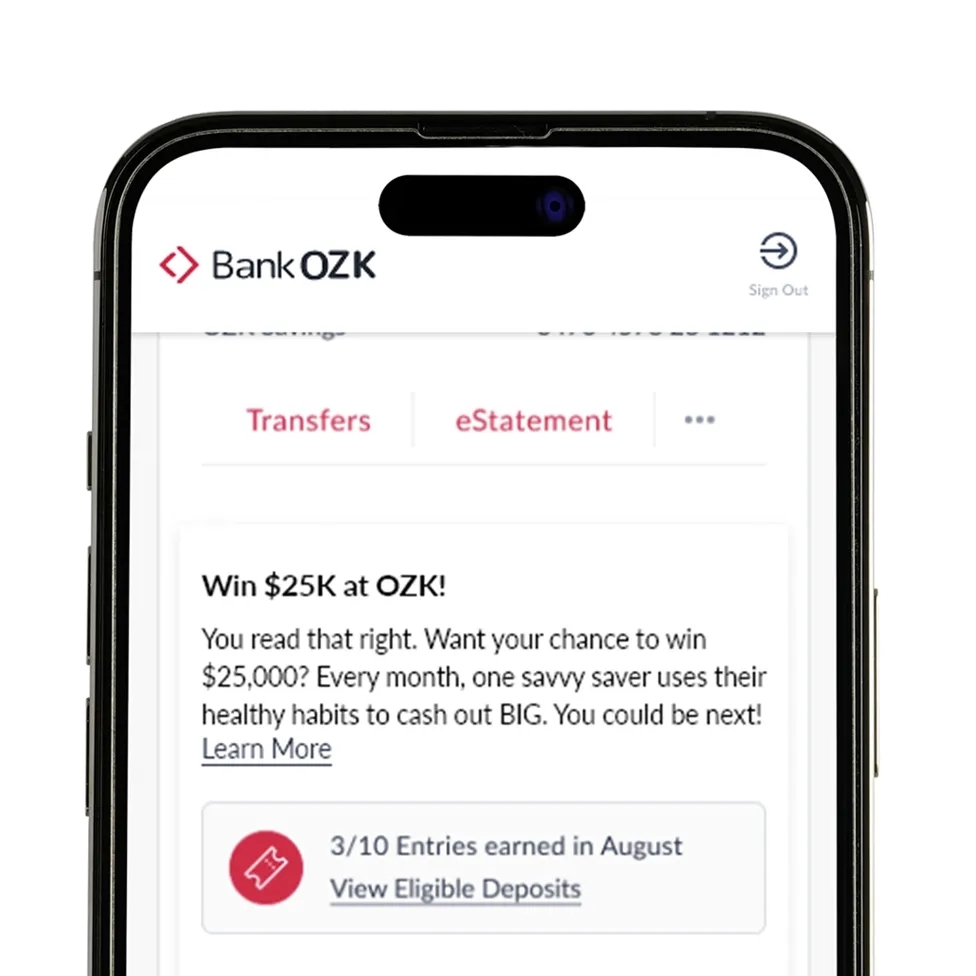 In-app Bank OZK example of a savings account balance.