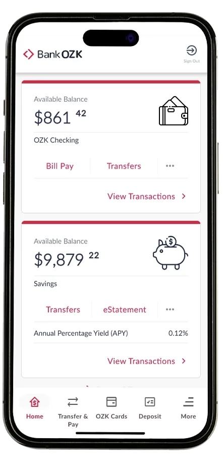A visual of the Bank OZK Mobile Banking App's home screen on a phone.