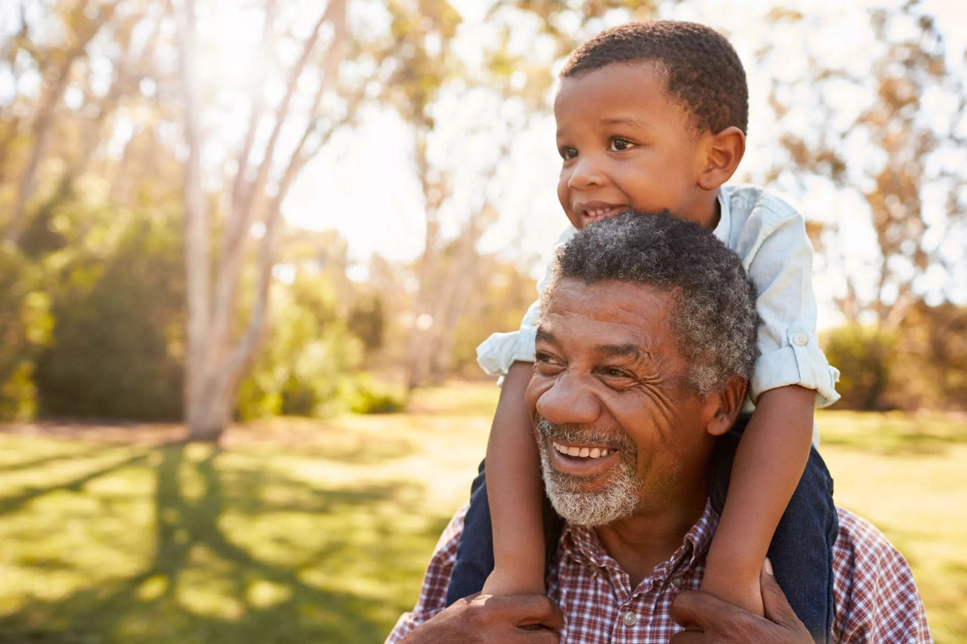 A Grandfather carrying his grandchild on his shoulder in a field.