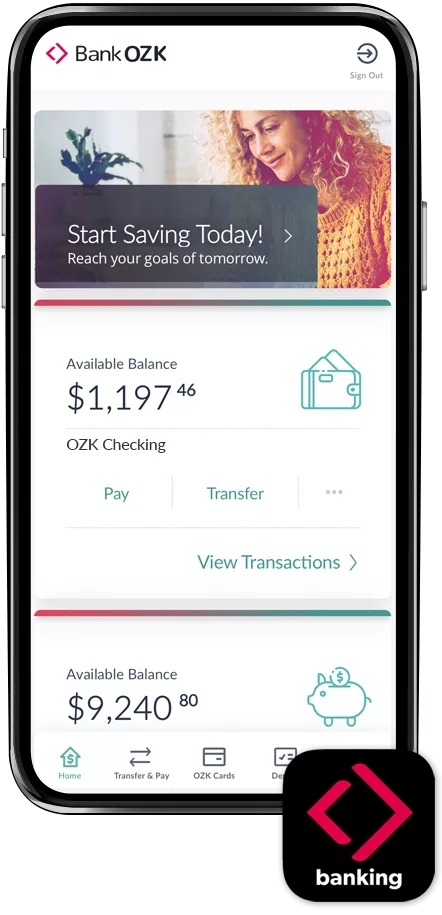 A visual of the Bank OZK Mobile Banking App's home screen on a phone.