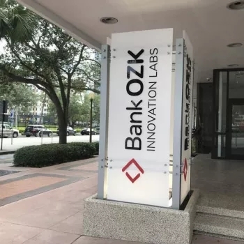 Bank OZK Innovation Labs entrance pillar.