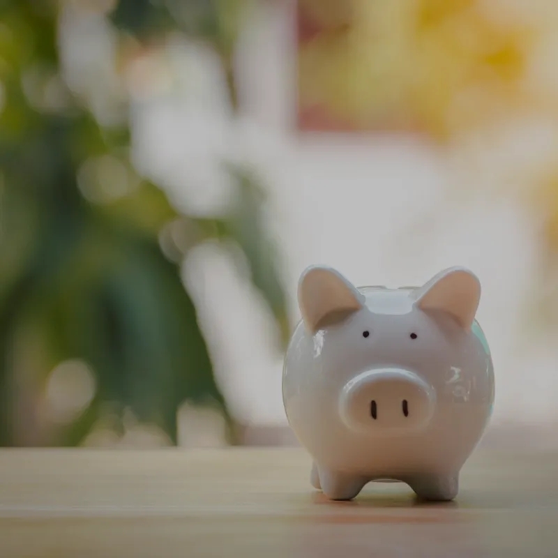 A piggy bank sitting on a table. A tree and wall are illuminated in the background. A piggy bank sitting on a table. A tree and wall are illuminated in the background.