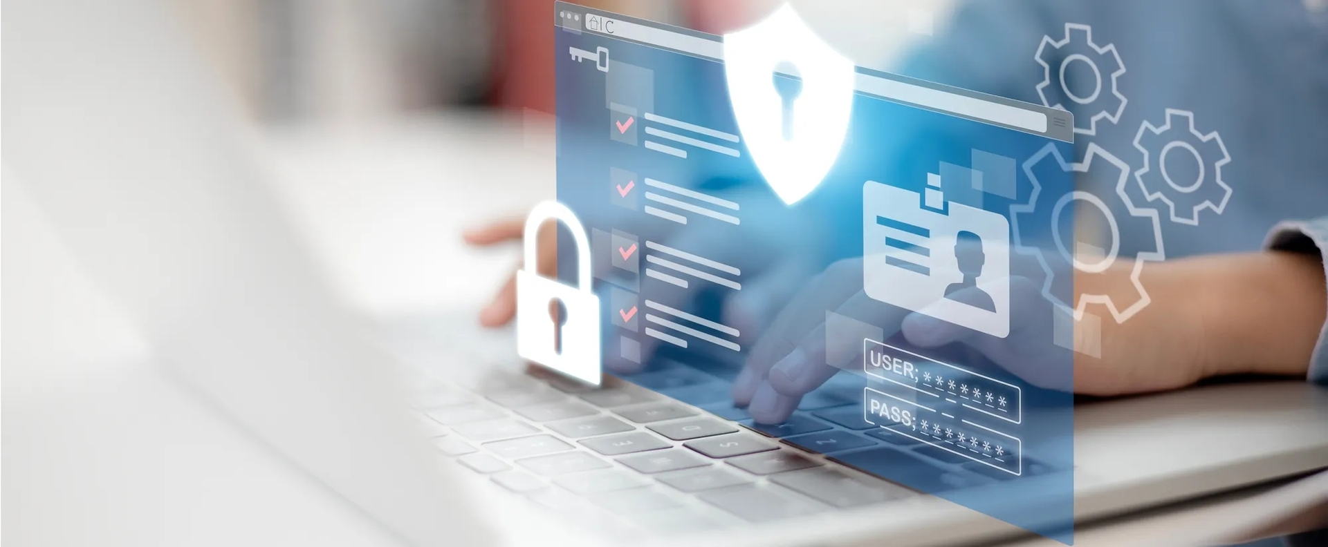 A person typing on a laptop with an overlay of a login form with security icons. A person typing on a laptop with an overlay of a login form with security icons.