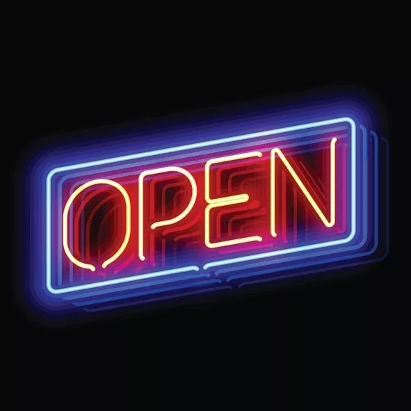 A neon open sign, red with a blue border, against a black, slightly reflective background.