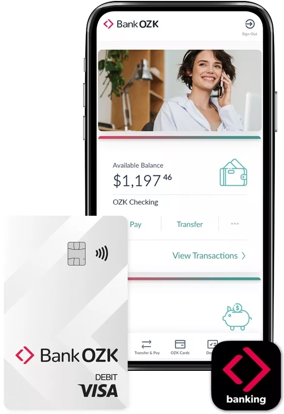 The Bank OZK mobile app on a phone, with a colorful debit card shown in front.