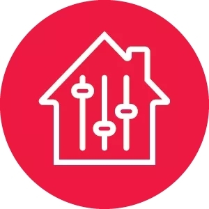 A red circle icon with a house outline with adjustable levels inside it.