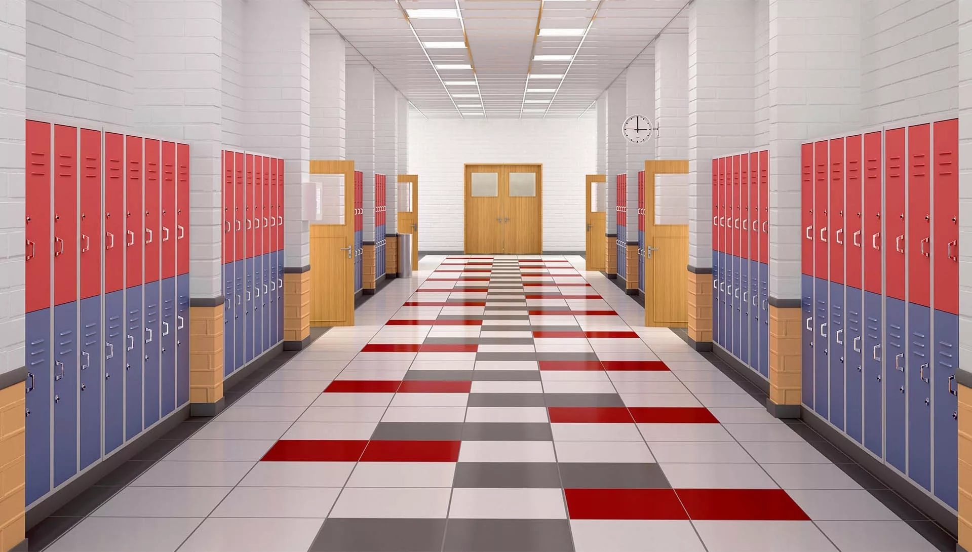 A clean, minimalist school hallway with primary colored lockers and a few open wooden doors to classrooms.