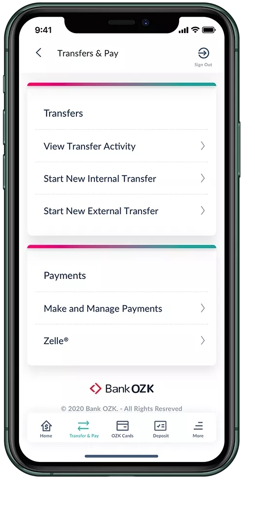 The Transfers Page of the Bank OZK Mobile Banking App.