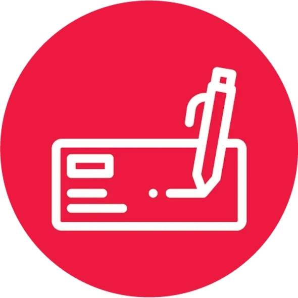Red circle icon with pen and check